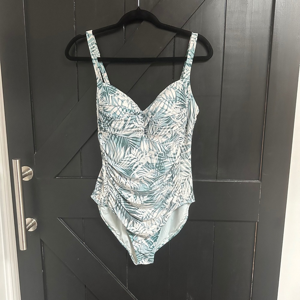 Niptuck Swim One Piece Swimsuit Teal White Palm Print Ruched Tummy Control  10